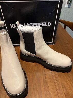 Karl Lagerfeld White Leather Chelsea Boots with Black Elastic and Crystal Trim